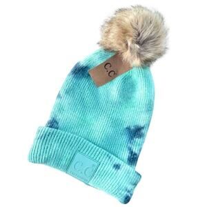 C.C Exclusive Tie Dye Beanie Hat DEEP TEAL/SEA GREEN Faux Fur Pom 7380POM NEW